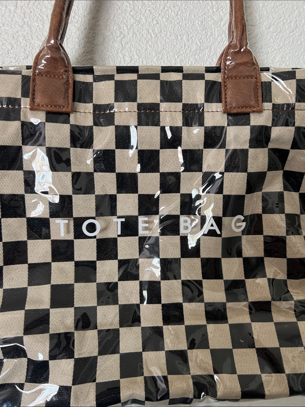 Checkerboard Tote Bag with Brown Handles - Black & Cream Plastic Cover - Picture 3 of 5